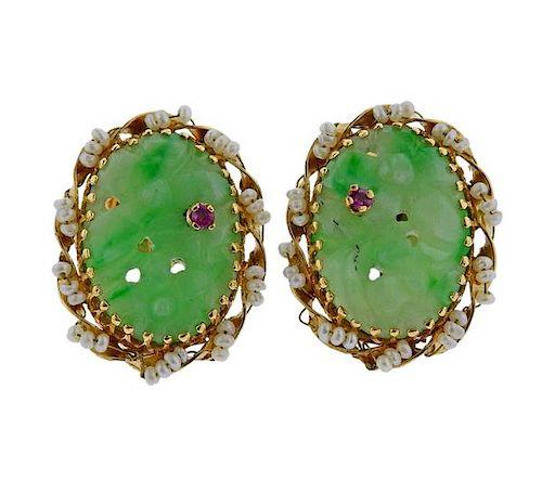 14k Gold Carved Jade Seed Pearl Ruby Earrings 
