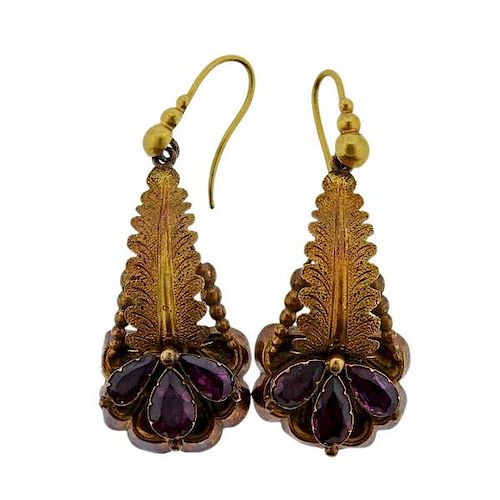 Antique Gold  Purple Stone Drop Earrings 