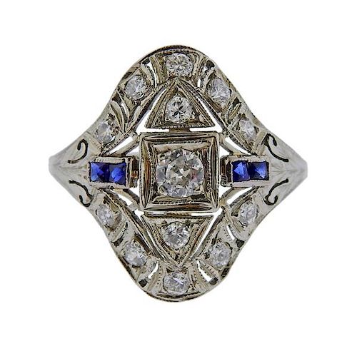 Art Deco 18K Gold Diamond Blue Stone Ring