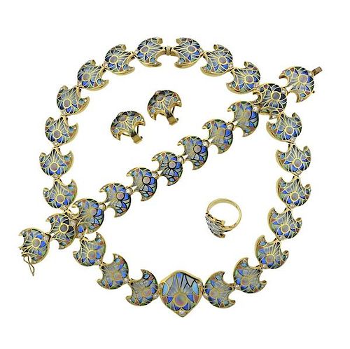 Plique A Jour Diamond 18k Gold Ring Necklace Bracelet Set 