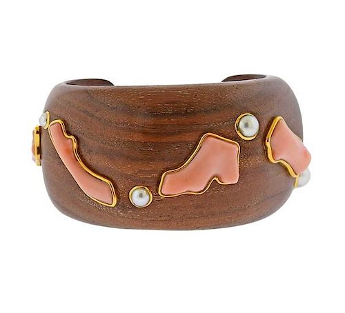 Trianon 18K Gold Coral Pearl Wood Cuff Bracelet