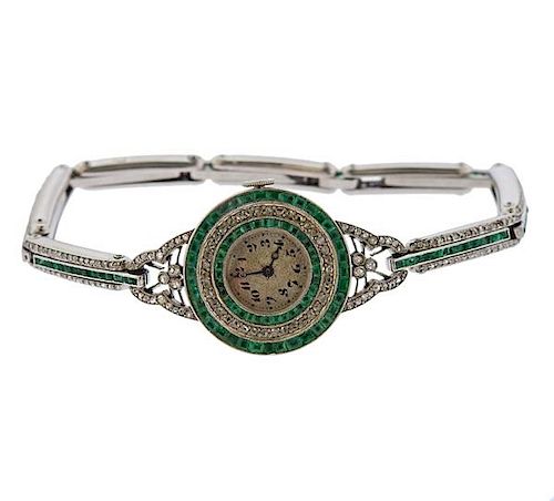 Art Deco Platinum Diamond Emerald Watch 