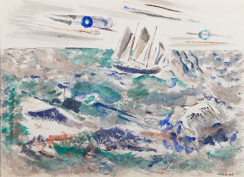 JOHN MARIN, (American, 1870-1953), Boat and Gull, 1945