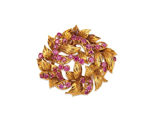 TIFFANY & CO. 18K Gold and Ruby Brooch