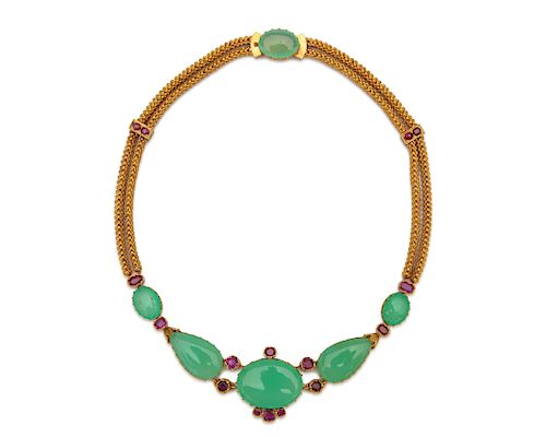14K Gold, Chalcedony, and Ruby Necklace