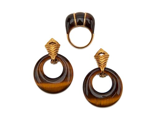 Gold and Tiger's Eye Earclips and Ring