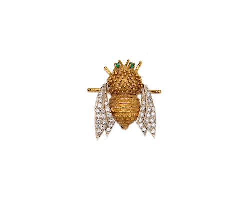 14K Gold, Diamond, and Emerald Bee Brooch
