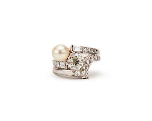 Platinum, Diamond, and Pearl Ring and Band