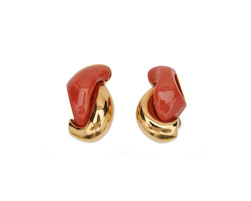SEAMAN SCHEPPS 18K Gold and Coral "Half Link" Earclips