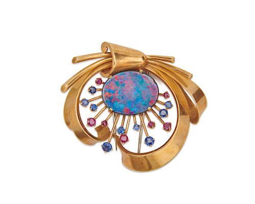 18K Gold, Black Opal, Sapphire, and Ruby Brooch