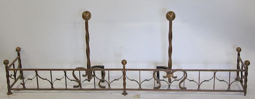 Antique Hand Wrought Iron Andirons And Fender .