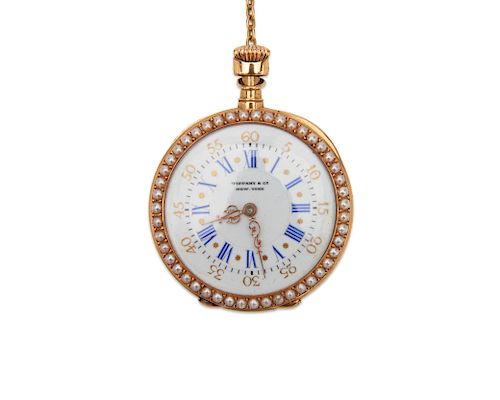 TIFFANY & CO. 18K Gold, Hand Painted Enamel, and Seed Pearl Pendant Watch