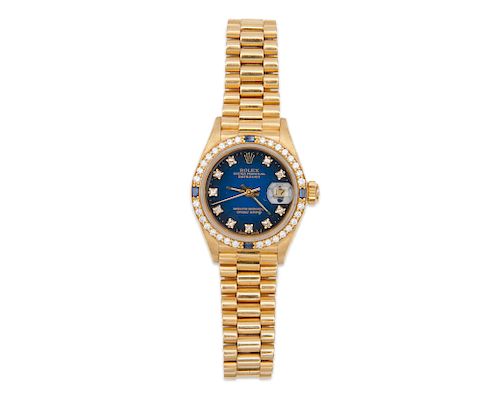 ROLEX 18K Gold, Diamond, and Sapphire "Oyster Perpetual Datejust" Wristwatch