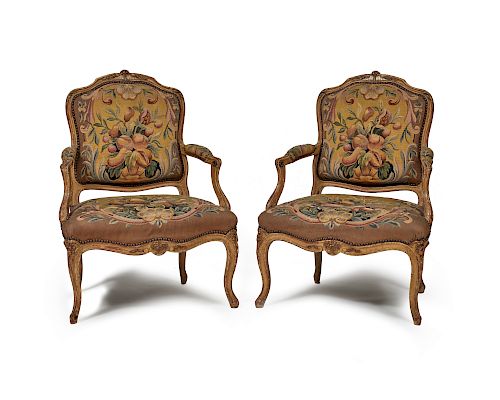 Pair of Louis XV Style Tapestry Upholstered Armchairs