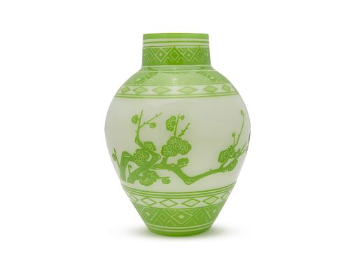 "STEUBEN" Green and Alabaster Acid Etched Glass Vase, with Chinese characters and prunus blossom decoration