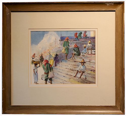 Signed, 20th C. Watercolor of Figures on Steps