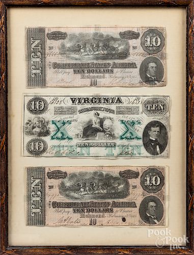 Three framed Virginia Confederate notes