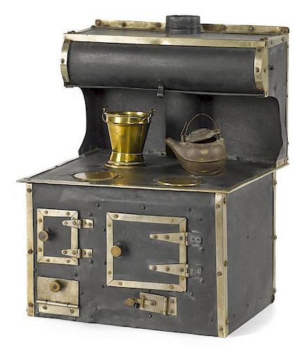 Tin and nickel toy cook stove, 16 1/4'' h., 12 1/2