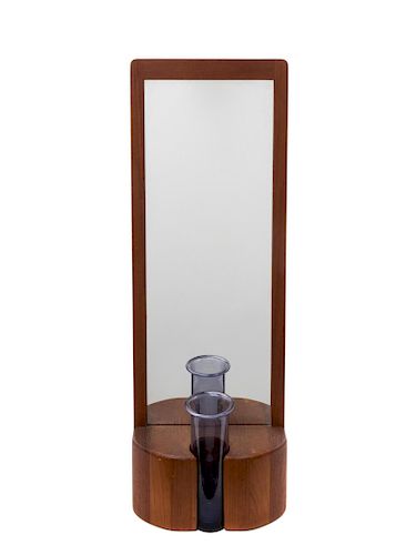 Randers Mobelfabrik
Denmark, Mid 20th Century
Teak Framed Mirror with Glass Bud Vase 