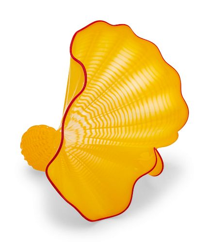 Dale Chihuly
(American, b. 1941)
Buttercup Yellow Persian Edition with Red Lip Wrap, 1996