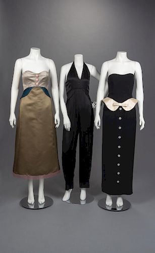 Two Geoffrey Beene Strapless Evening Dresses and One Jumpsuit, Spring 1987