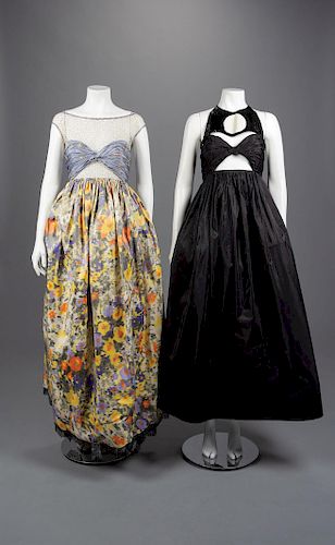Two Geoffrey Beene Shirred Bustier Dresses, Spring 1990
