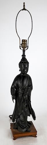 Chinese Bronze Deity Statue on Wood Base, as Lamp
