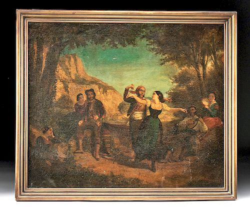 19th C. British Genre Oil Painting - Country Dancers