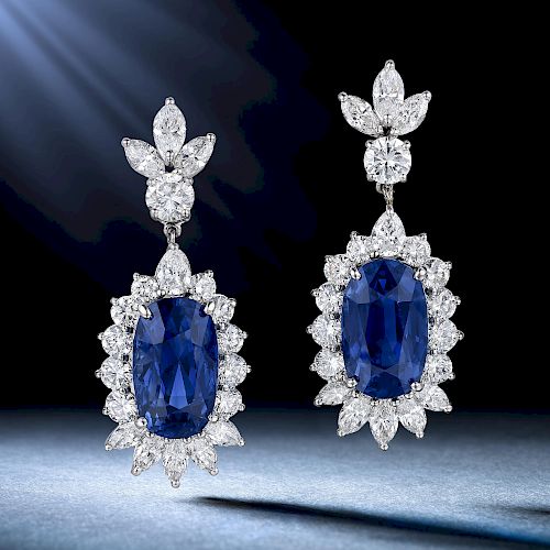 Ceylon Unheated Sapphire and Diamond Drop Earrings, 18.02 CTW