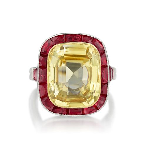 9.44-Carat Ceylon Unheated Yellow Sapphire and Ruby Ring