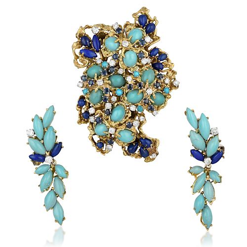 Turquoise Lapis Lazuli and Diamond Pin/Pendant and Earrings Set