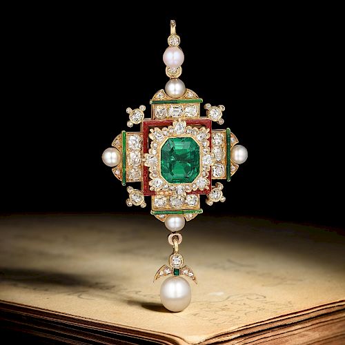 Victorian 2.29-Carat Colombian No-Oil Emerald and Pearl Pendant