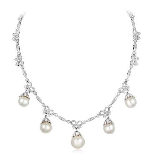 Cultured Pearl and Diamond Ribbon Necklace