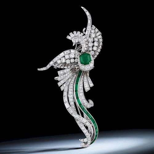Diamond and Emerald Bird of Paradise Brooch, French