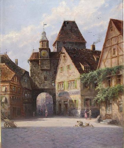 19th C. Unsigned Oil On Canvas. European Village