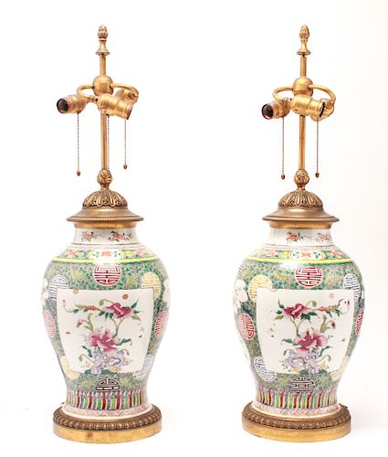 Chinese Famille Verte Porcelain Table Lamps, Pair