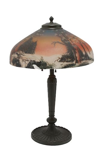 Metal Table Lamp Handel Style Painted Glass Shade