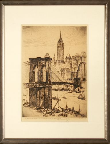 Anton Schutz "Brooklyn Bridge" Etching on Paper