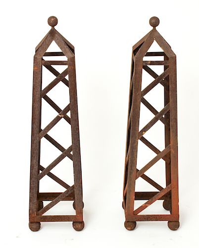 Modern Rustic Iron Obelisks Topped w Spheres, Pair