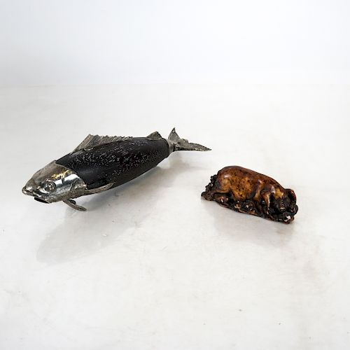 Stone Pig and Silver Plate & Wood Fish