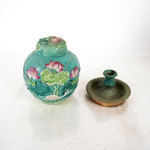 Chinese Ginger Jar & Ceramic Candleholder