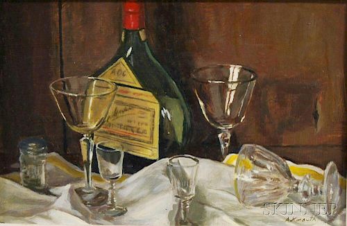 Arnold Whitman Knauth II (American, b. 1918)      Tabletop Still Life with Cognac Bottle and Glasses.