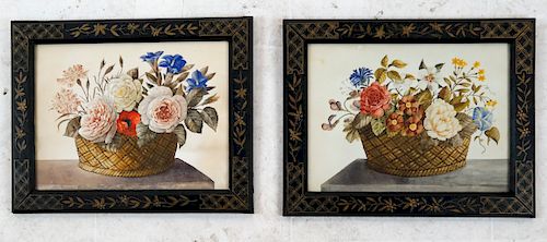 Pair Floral Bouquet Still Lifes-Watercolor