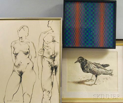 Three Framed Works on Paper:      Dalia Ramanauskas (American, b. 1936), Portrait of a Crow