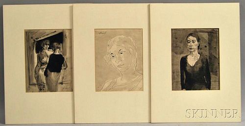 Johann Robert Schürch (Swiss, 1895-1941)      Three Works: Three-quarter-length Portrait of a Woman with Downcast Gaze, Two Women