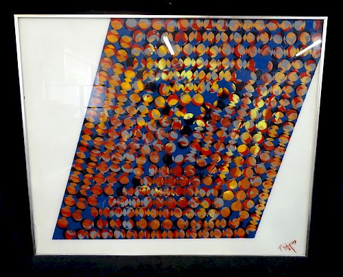 REVERSE PAINTED GLASS PANEL "ABSTRACT CIRCLES" SGN. 