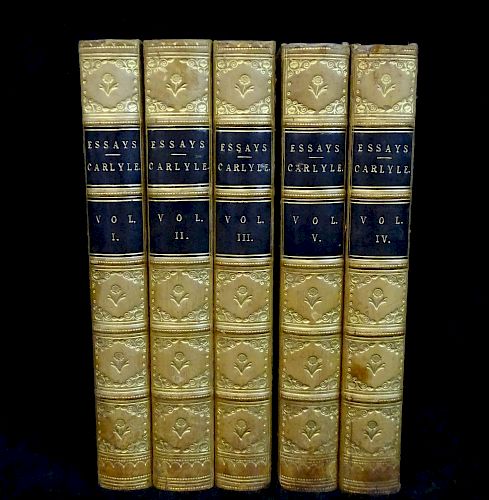 5 LEATHER BOUND VOLS. ESSAYS OF THOMAS CARLYLE