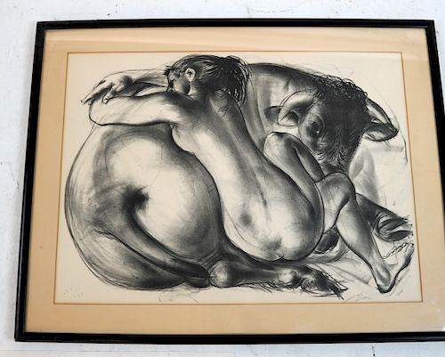 Lithograph: Nude Woman & Bull