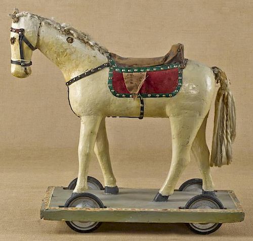 Painted wood horse pull toy, 24 1/2'' h., 25'' l.