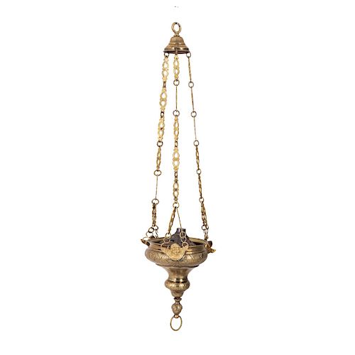 INCENSE BURNER. MEXICO, 19TH CENTURY. Gilded metal with chain. 27.5 in tall approximately.